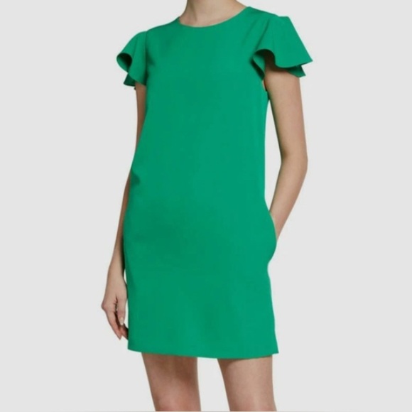 MILLY Women's 6 Solid Green Short Ruffle Sleeve Mini Shift Dress Pockets CLEAN2 - Picture 1 of 14
